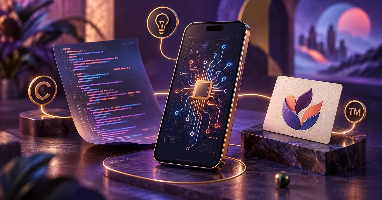 Illustration comparing a mobile mechanism, original code and an abstract brand identity