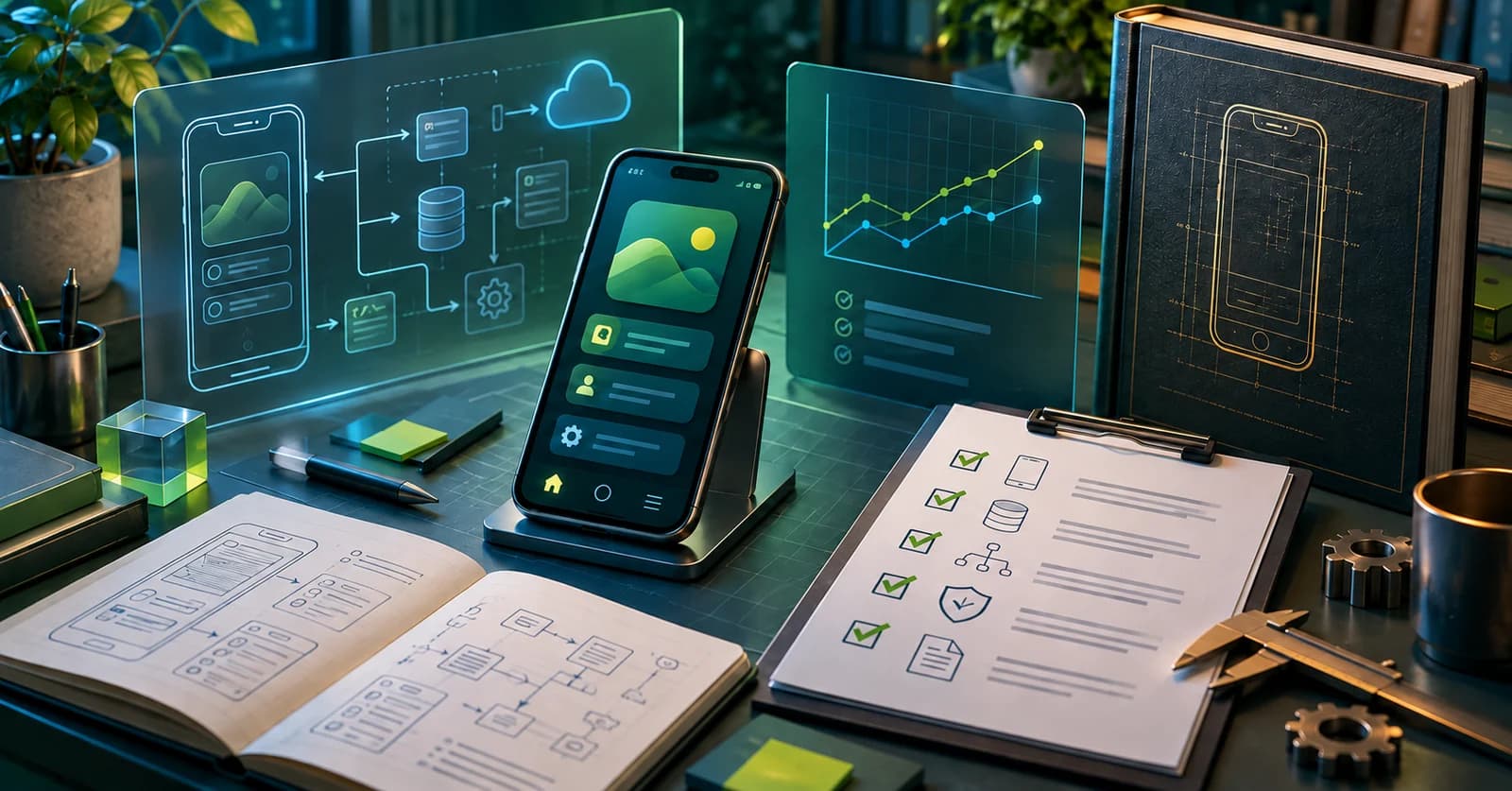 Illustration of a mobile prototype, architecture diagrams and engineering documentation checklist