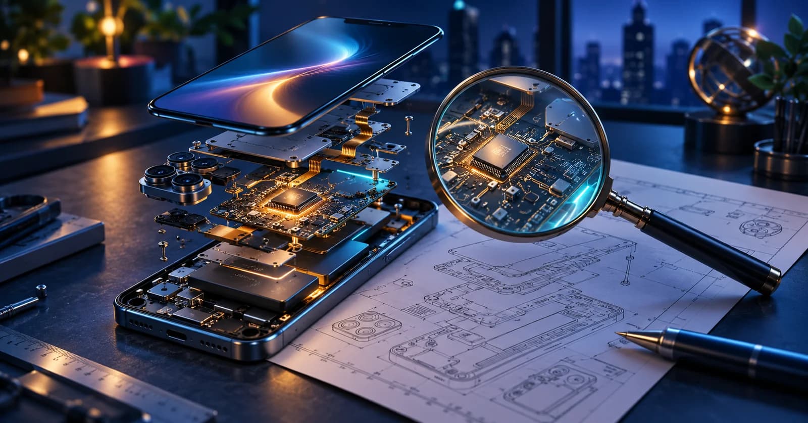 Conceptual illustration of a mobile mechanism examined alongside engineering drawings