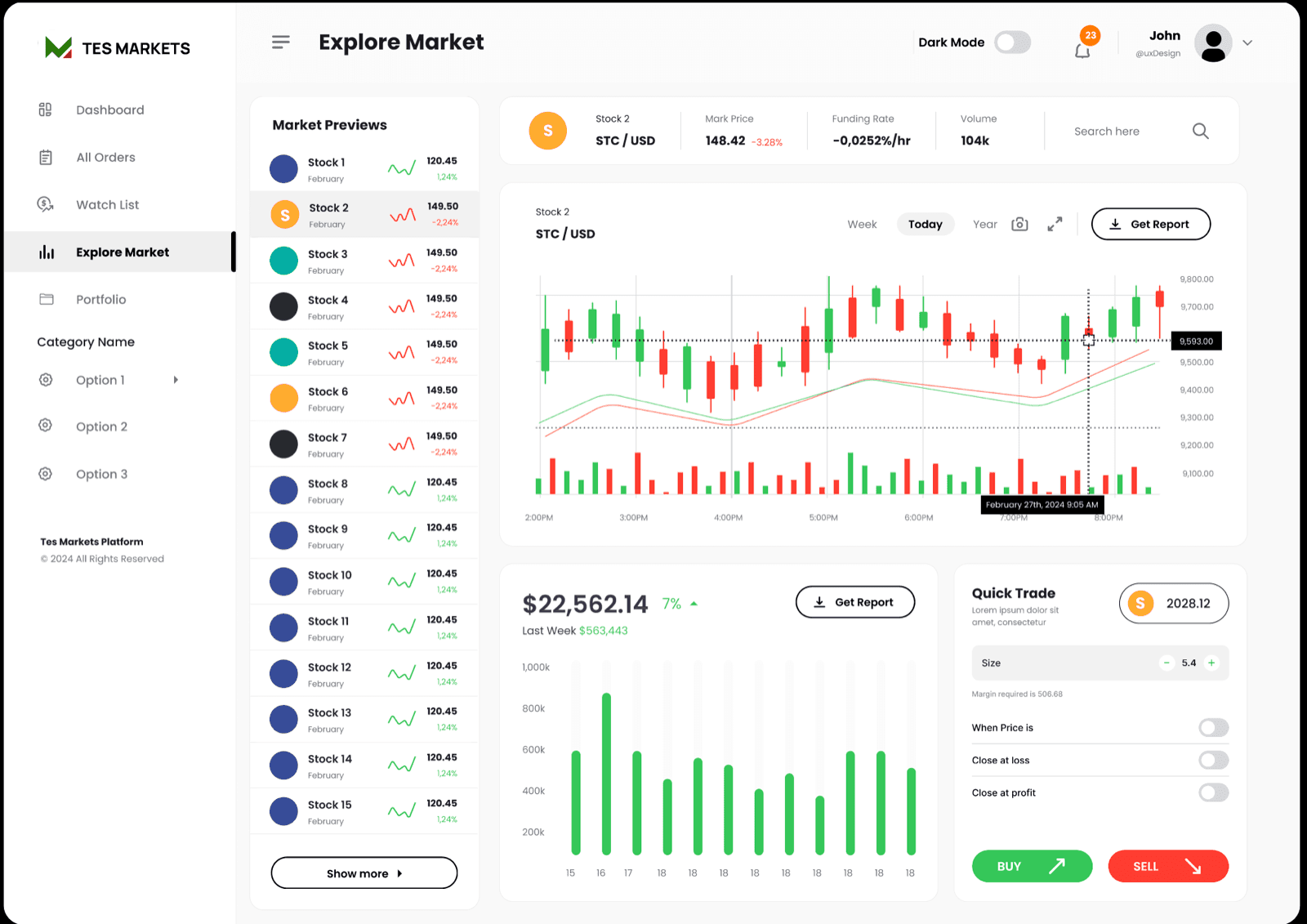 Cryptocurrency trading platform market and order interface