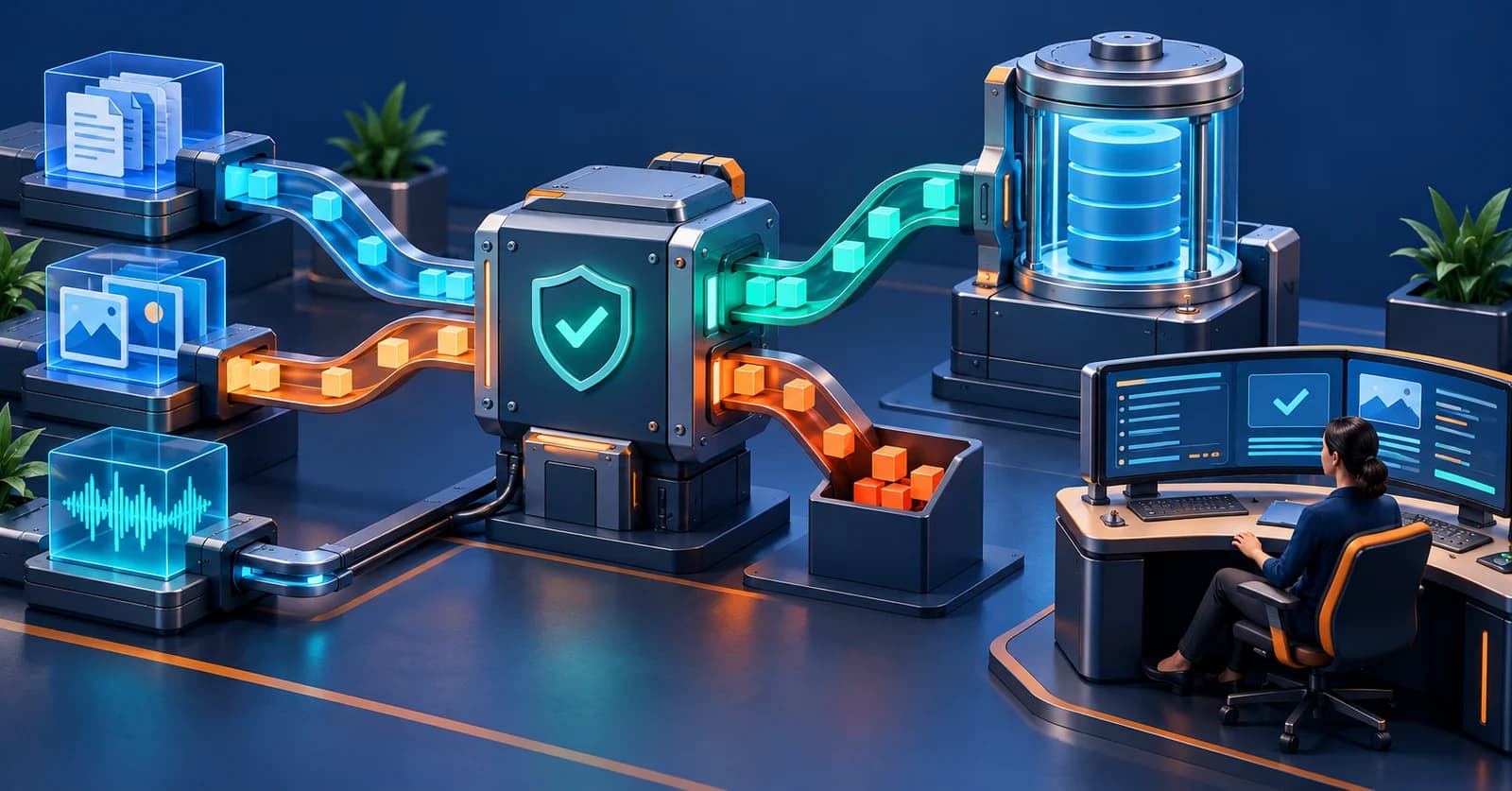 Illustration of a modular AI engineering test bench with verification gates, storage and a human review console.