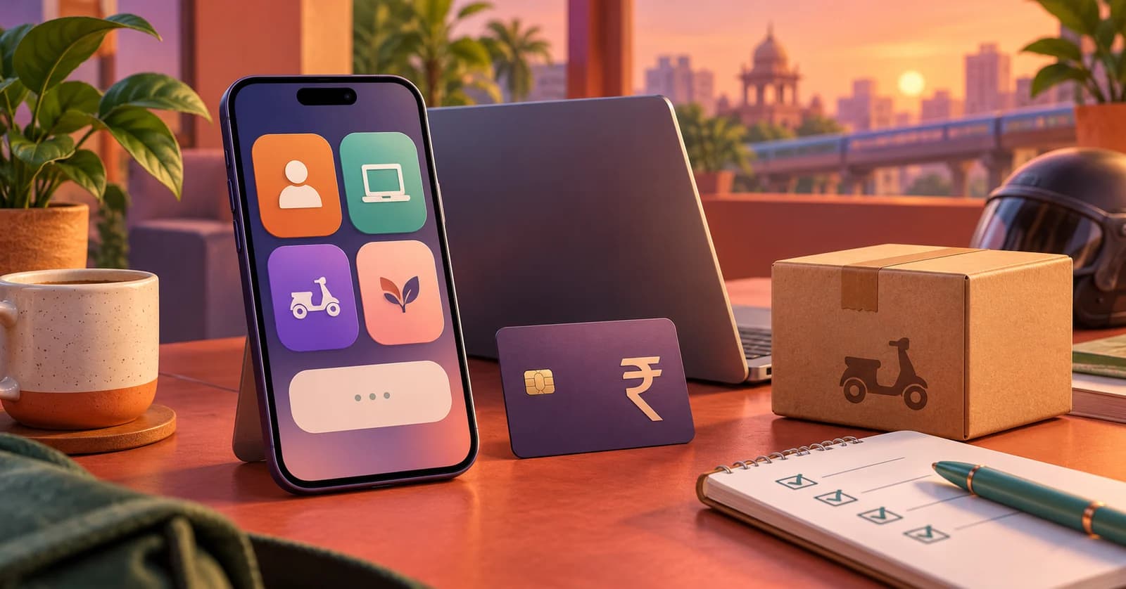 Illustration of an Indian work desk with a smartphone, laptop, parcel and rupee payment card