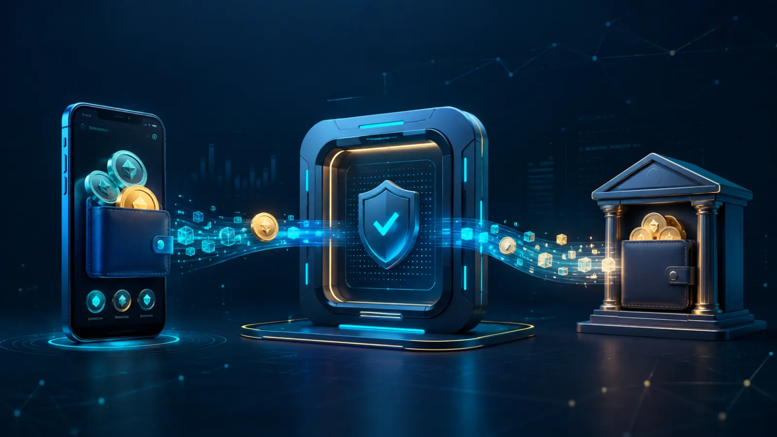 Crypto payment moving from a customer wallet through a secure gateway to merchant settlement