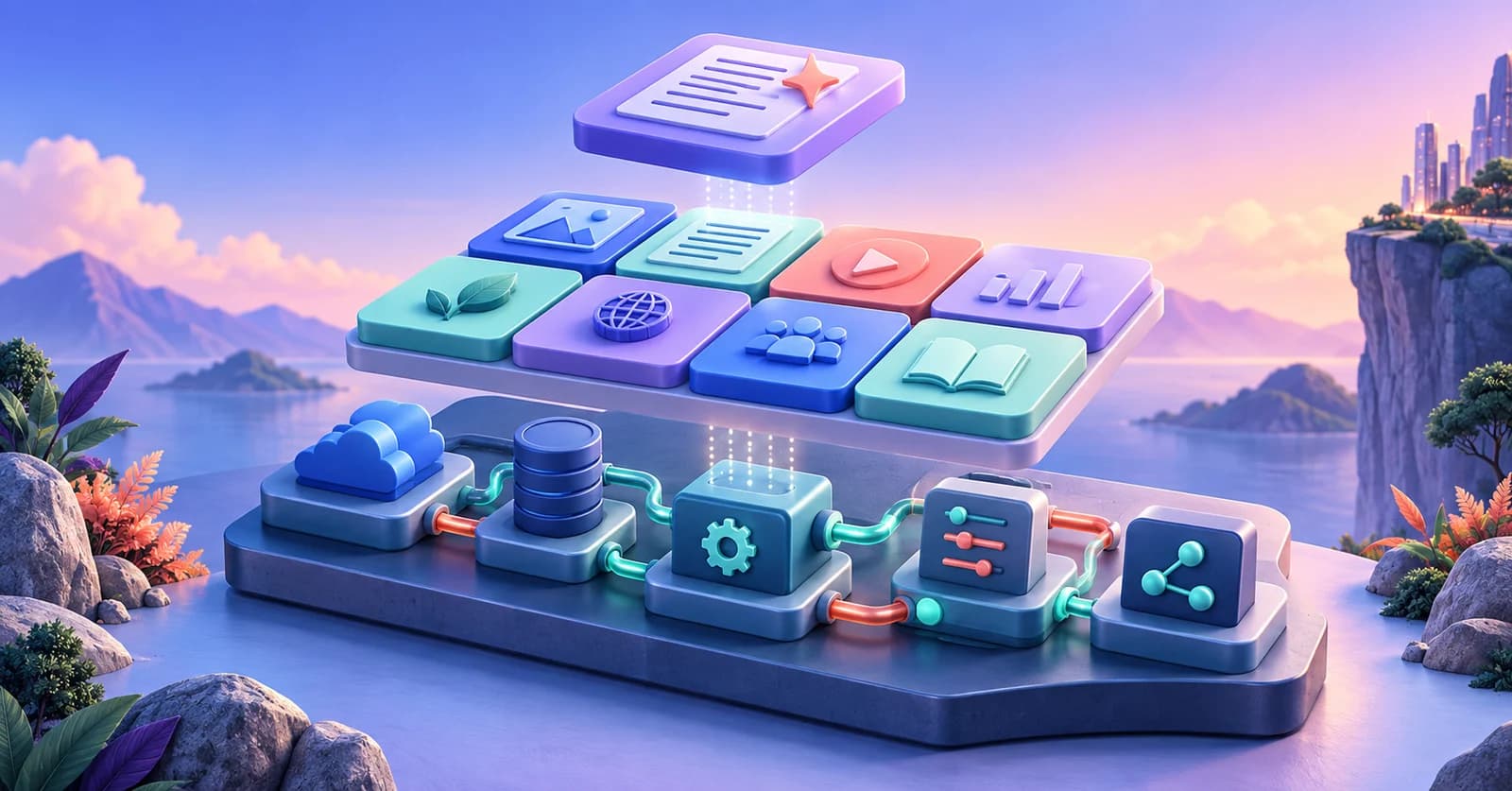 Illustration of three connected layers representing instructions, organized context and an AI execution platform.