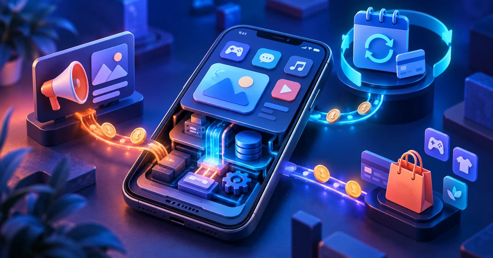 Illustration of app subscriptions, advertising and marketplace revenue around a smartphone