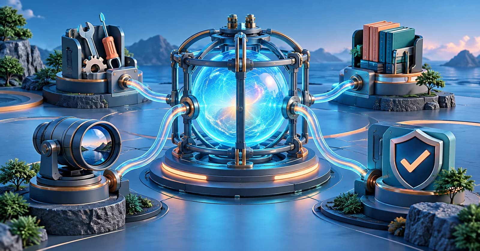 Illustration of an AI core connected to tools, memory and verification modules inside an engineered framework.