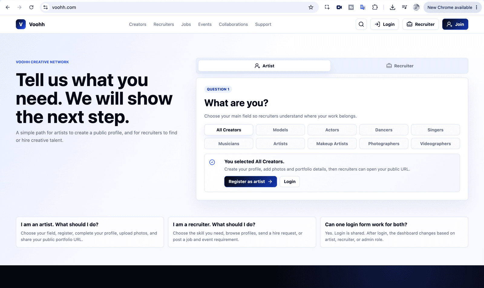 Voohh homepage for discovering and hiring creative talent