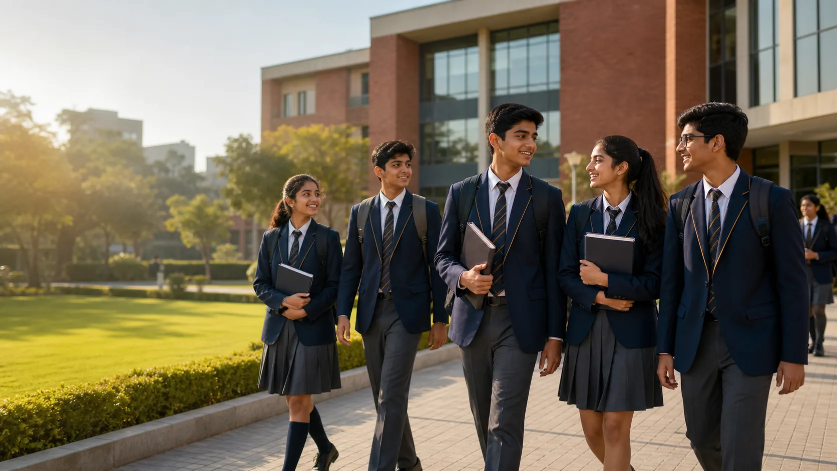 Students at a modern Indian school campus using connected school management services