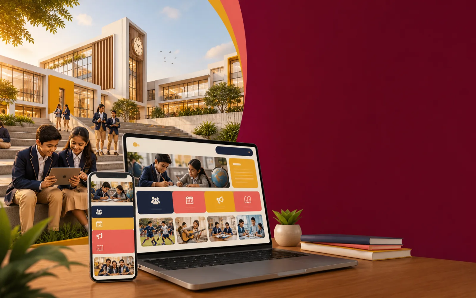 Modern school campus with responsive education website