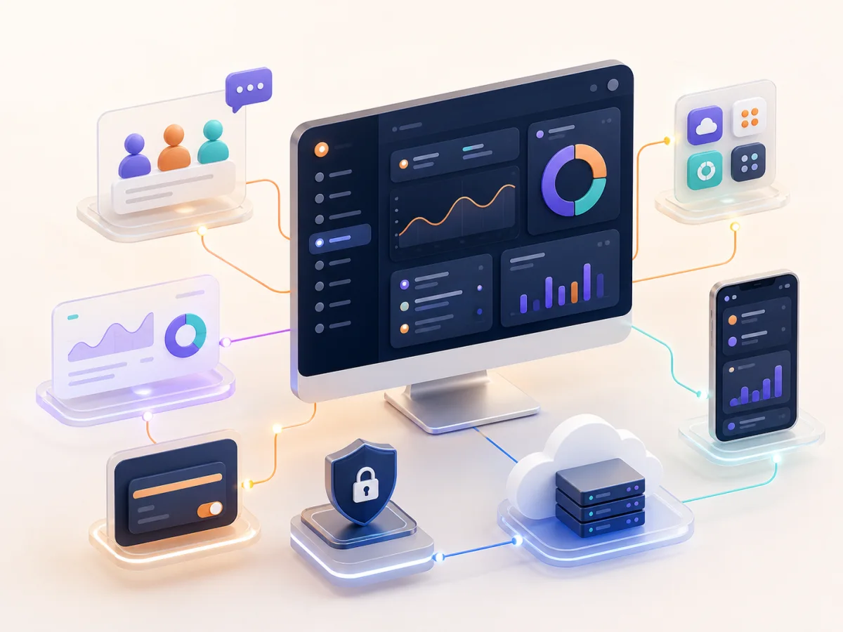 Connected SaaS product dashboard with customer accounts, analytics, subscriptions, cloud infrastructure, security and mobile access
