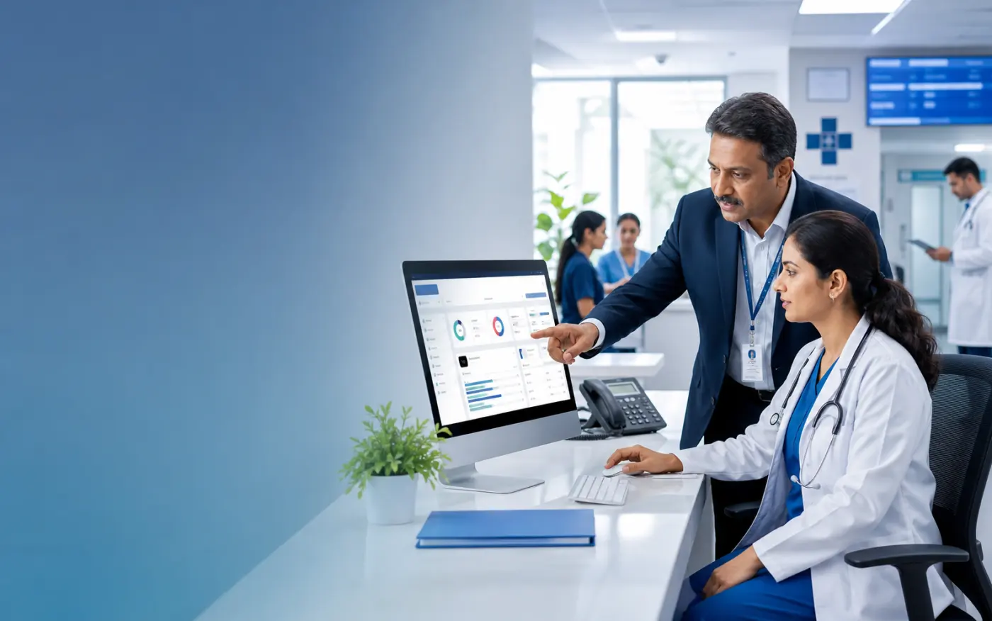 Doctor and hospital administrator using hospital management software