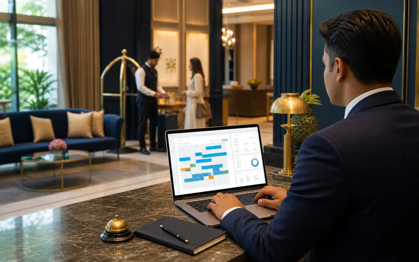 Hotel manager using cloud hotel management software at reception