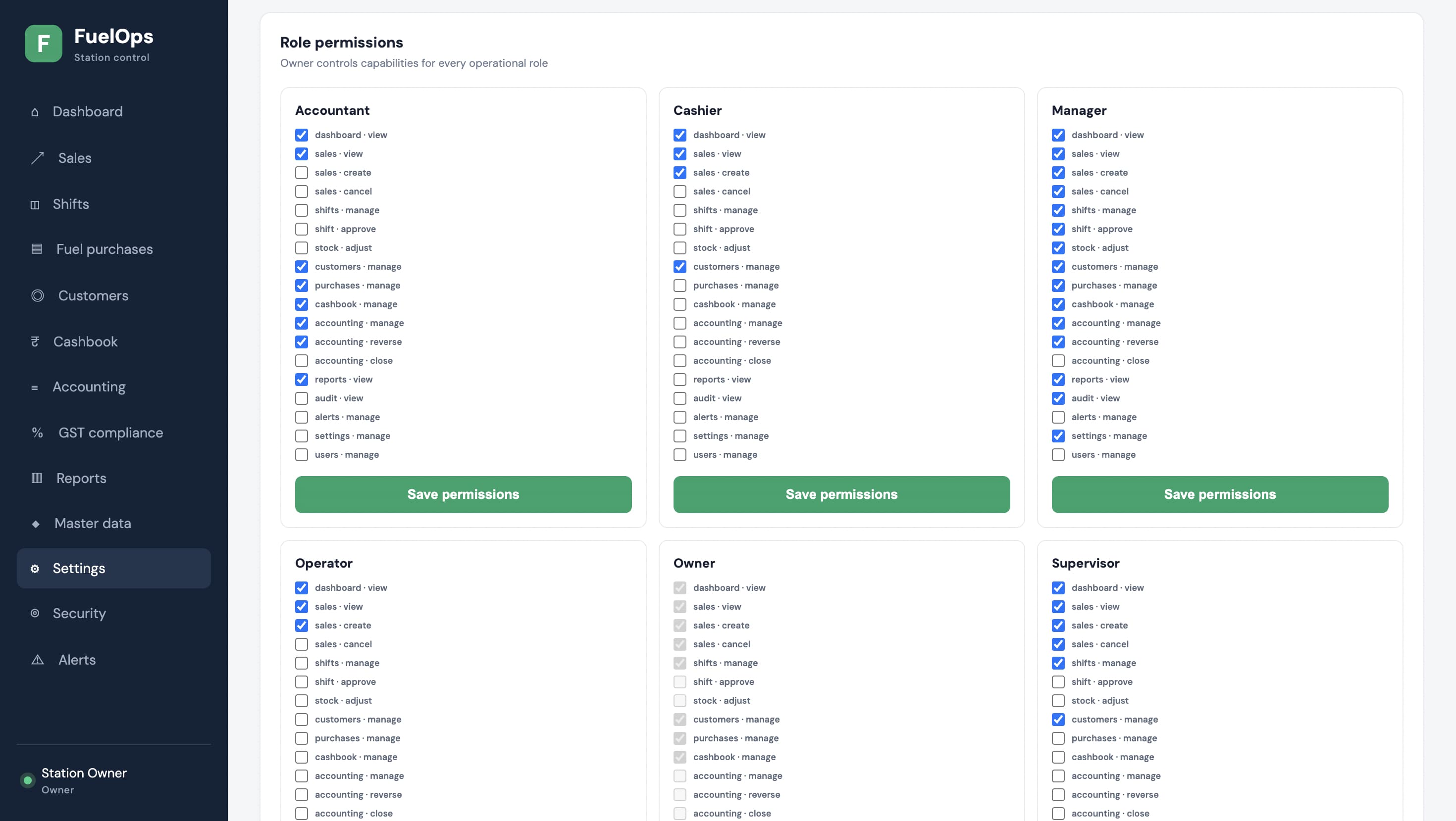 FuelOps employee roles and petrol pump software permissions