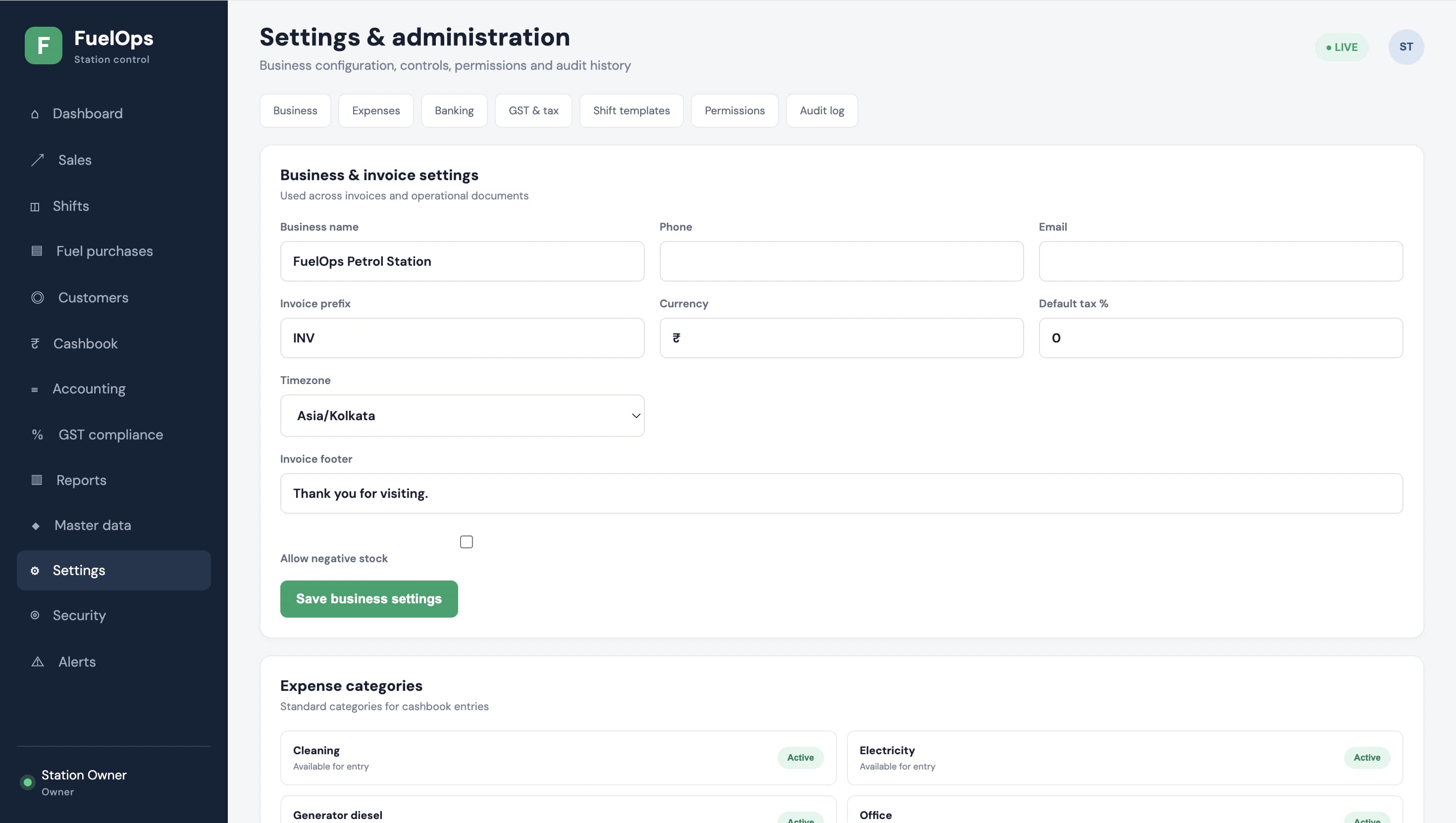 FuelOps business configuration and petrol pump administration